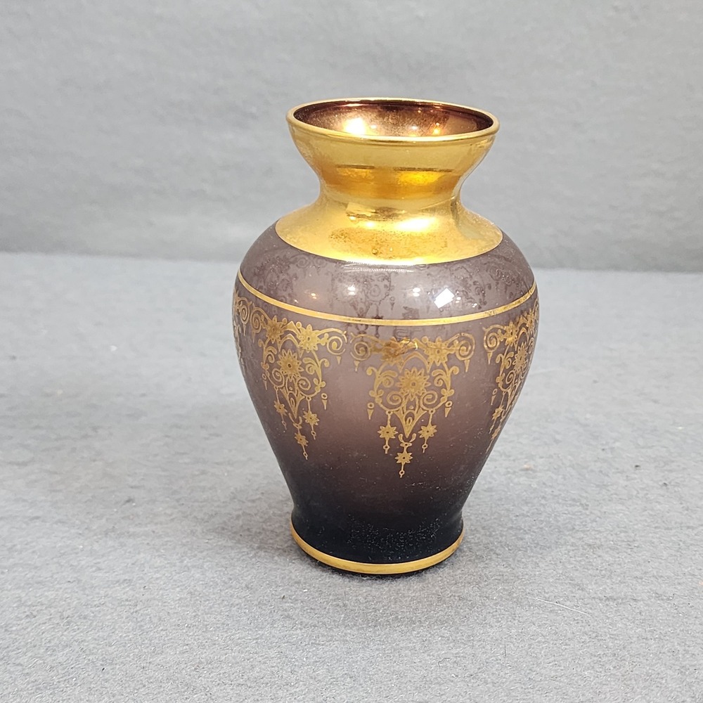 Vintage Murano Amethyst Glass Mini Bud‎ Vase 24K Gold Gilt Filigree 4.25"